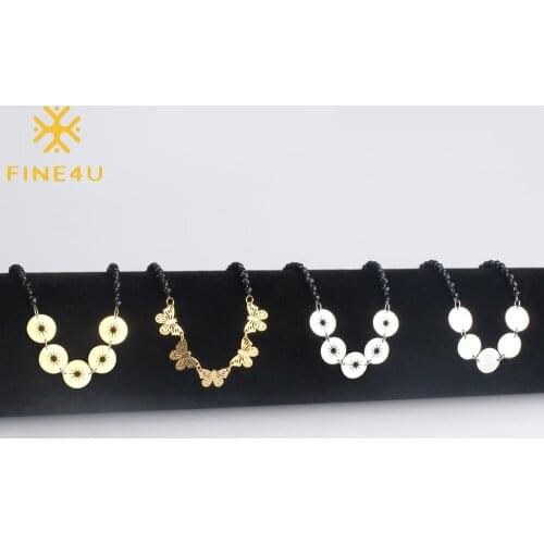FINE4U N133 Stainless Steel Butterfly Coin Choker Necklace Black Beads Necklaces For Women Girl Gifts 2019 Rosary Jewelry
