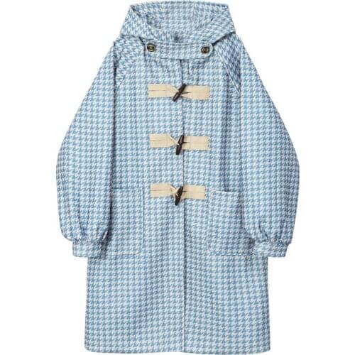 PERHAPS U Women Vintage Blue Plaid Houndtooth Blend Coat Long Sleeve Hooded Horn Button Winter C0466
