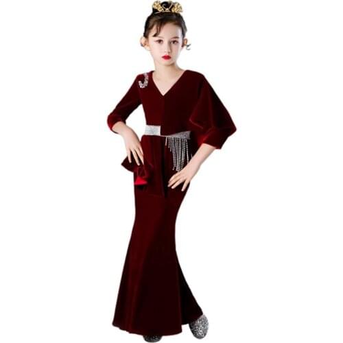 New Children Sexy Beading Catwalk Princess Evening Gown Wedding Birthday Party V-Neck Dress For Girls Vestidos Costume L617