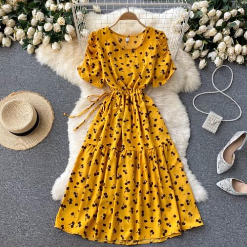 French Dress Summer Hot Style Design Drawstring Short-sleeved Slim Mid-length Sweet Print Dresses