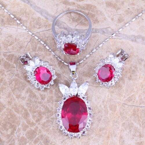 Awesome Red Cubic Zirconia White CZ Silver Plated Jewelry Sets Earrings Pendant Ring Size 5 / 6 / 7 / 8 / 9 / 10 / 11 / 12 S0416
