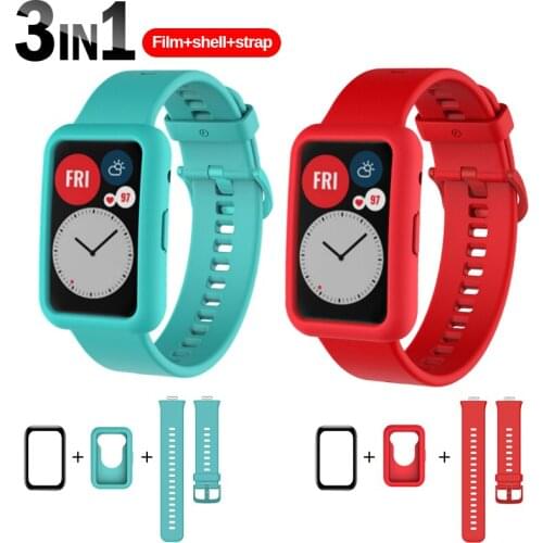 Silicone Strap + soft film + Protective Cover For Huawei Watch Fit Bracelet Protector Case ， Sport Watch Band For Huawei Fit
