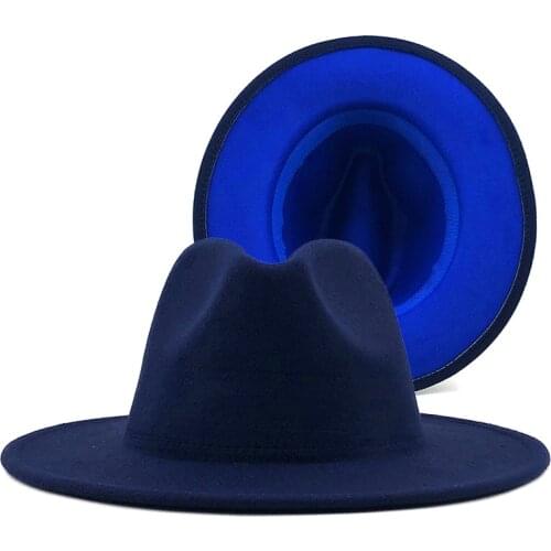 Unisex Outer Navy and Blue Inner Red Wool Felt Jazz Fedora Hats with Thin Belt Buckle Men Women Wide Brim Panama Trilby Cap L XL