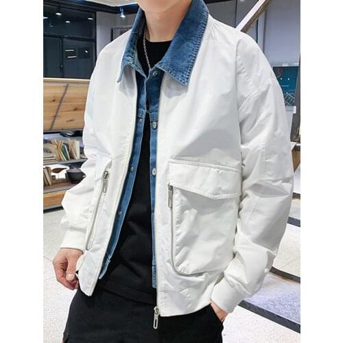 Spring Mens Casual Jacket Fake Two Piece Fashion Boys Coat Short Patchwork Outwear Long Sleeve J1