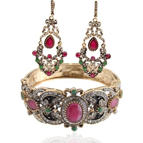 Vintage Turkish Women Hollow Flower Jewelry Sets Round Resin Bangle Long Antique Hook Dangle Earrings Bride Ethnic Bracelet Cuff