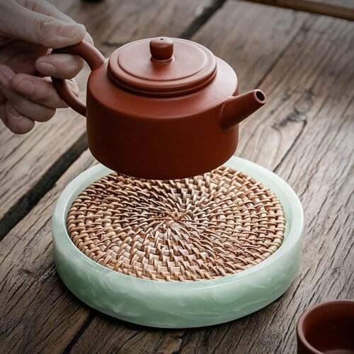 Chinese Traditional Style Green Rattan Resin Teapot Tray Non-slip Detachable Round Retro Tea Tray For Home Hotel Office Teahouse