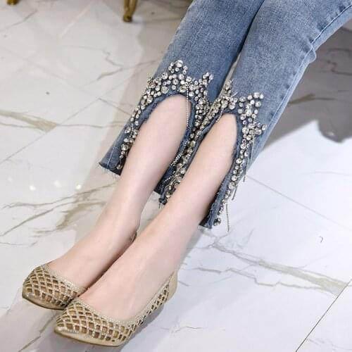 Beading High Waist Jeans Women 2020 New Split Slim Fit Flare Trousers Fashion Elegant Street Zipper Denim Wide Leg Pants S-L