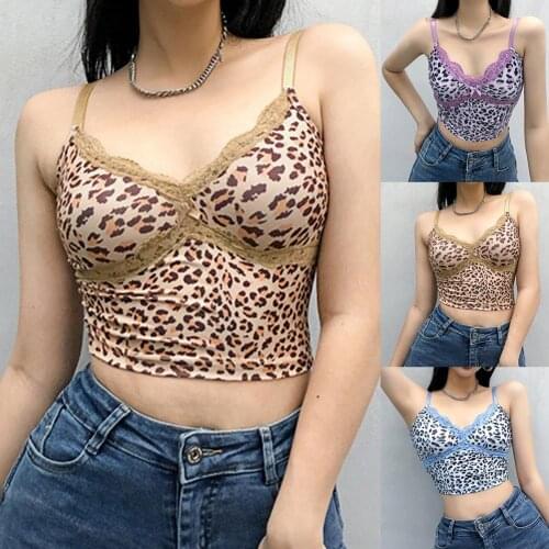 Leopard Print Women Vest Lace Stitching Backless Sleeveless Sling V-neck Crop Top Club Wear