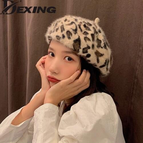 2021 autumn Winter hat Women Fuzzy Leopard Berets Warm Printed Rabbit fur beret Knitted Walking Cap