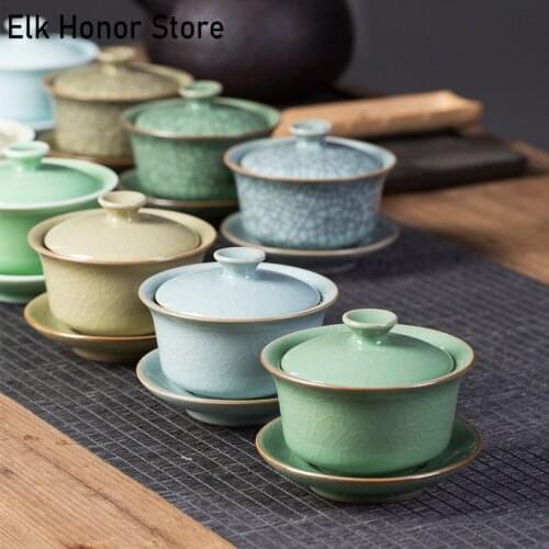 150ml Ancient Gothic Gracked Glaze Tea Tureen Celadon Cyan Jade Porcelain Tea Bowl With Saucer Lid Kit Master Home Decoration