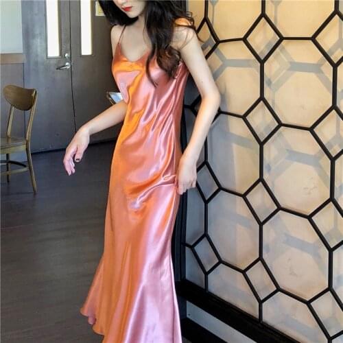 2021 Dress Summer Long Satin Sleeveless Italian Elegant Ladies Fashion Retro Silk V-Neck Ruffles Clothing