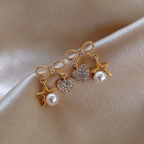 XIYANIKE Shiny Cute Star Heart Shaped Bowknot Earrings Pearl Rhinestone Golden Small Studs Earrings 2020 Jewellery Oorbellen
