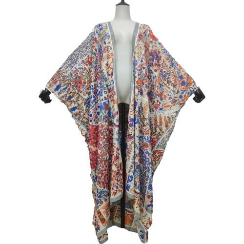 Middle East Irregular Floral Summer Swimwear Silk Open Side Kimono For Women Causal Bohemian Printed Kaftan Blouse CLothing