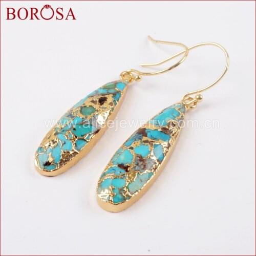 BOROSA 1Pair Teardrop Gold/Silver Color Natural Copper Turquoises Drop Earrings Natural Gems Earrings Jewelry as Gifts G1547-E