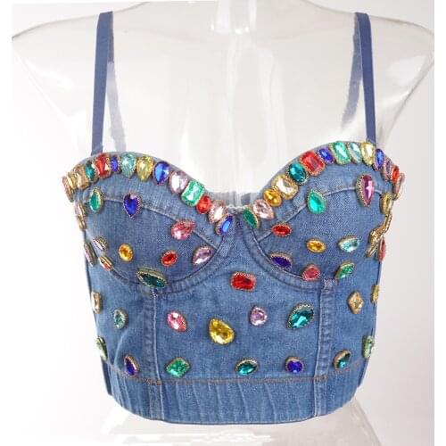 Blue Denim With Multicolored Diamonds Fashion Push Up Bra Sexy Bralette Top Bustier Women Party Club Dance Wear Bras With Straps