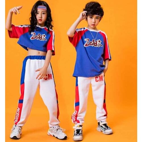 Girls Short Sleeve Crop Top Running Pants Boys Jazz Dance Costumes Kids Cool Hip-Hop Dance Otufits Cheerleading Costumes XS1390