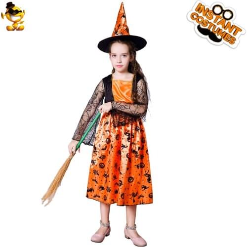 DSPLAY New Kids Pumpkin Witch Costume Girls Fashion Pumpkin Color Witch Fancy Dress Costumes For Halloween Christmas