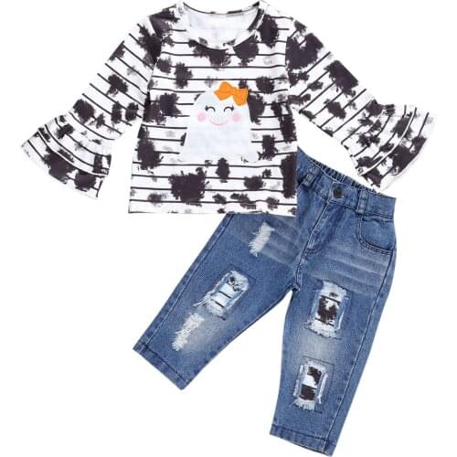 Infant Kids Baby Girl’s Halloween Clothes Set Long-sleeved Trousers Suit Stripe Blooming Tie dye T-shirt Elastic Ripped Jeans