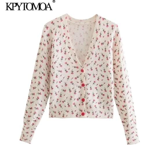 KPYTOMOA Women 2021 Fashion Floral Jacquard Cropped Knitted Cardigan Sweater Vintage Long Sleeve Female Outerwear Chic Tops