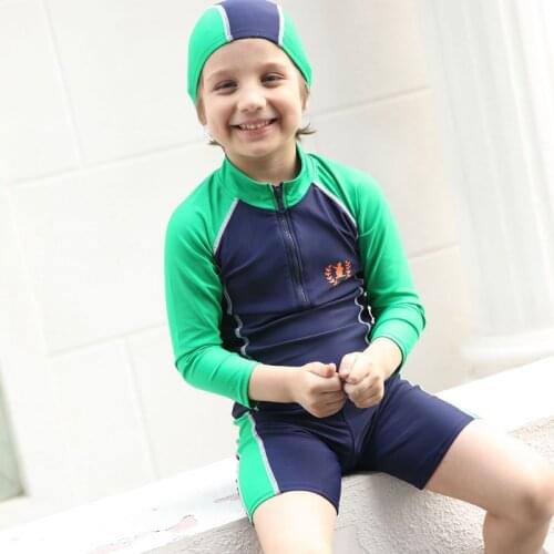 Long Sleeve Front Zipper Two Piece Children Swimsuit Boys Quick Dry Kids Swimwear Swimming Suit With Cap Rash Guard Beach Wear