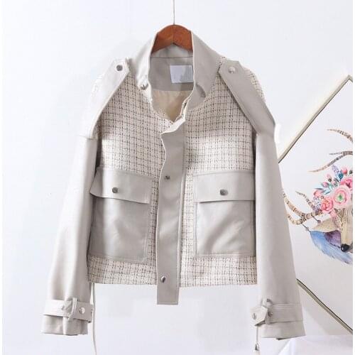 Fashion Black Plaid Splicing PU Faux Leather Jacket Women Outwear Loose Stand collar Leather Coat Ladies PU Coat Cool Streetwear