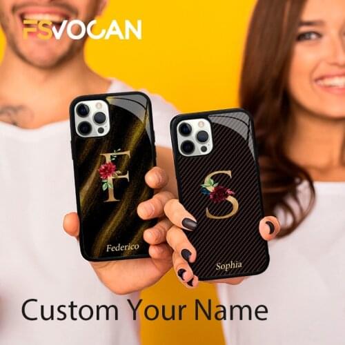 Marble Custom Name Case For iPhone 11 12ProMax 7 8Plus X XR XS Personalized Initials Cover Capital Letters Carbon Fiber Texture