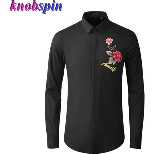 Brand Shirt men Elegant Rose Embroidery Long sleeve Slim Chemise homme high quality Cotton Business male dress Shirts Size 38-48