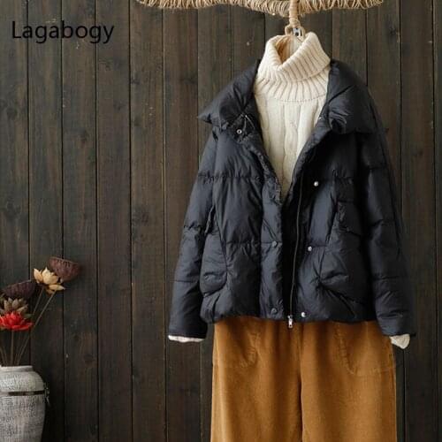 Lagabogy 2021 New Winter Women Stand Collar Jacket 90% White Duck Down Coat Female Casual Loose Warm Bread Parkas Snow Outwear