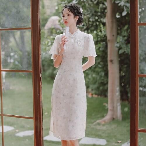 Floral Dress Cheongsam Women 2021 Summer New Modern Fashion Girl Ruffled Elegant Gentle Slim Retro Cheongsam Vestidos Midi Dress