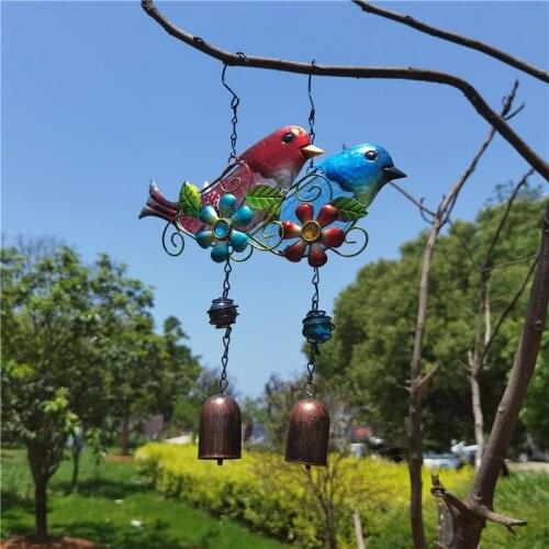 Embossed Glass Bird Bell Crafts Red Blue Bird Wind Chime Ornaments Metal Glass Decorations