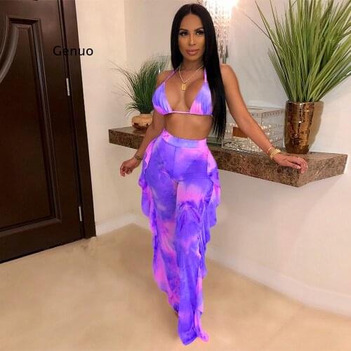 Tie Dye Print Mesh Summer Beach Two Piece Set with Panties Women Sexy Bra Halter Crop Top Ruffle Wide Leg Pants Clubwear