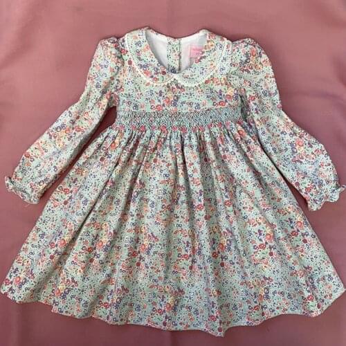 Baby girl vintage Floral handmade smocked princess dress kids casual spring autumn peter pan collar embroidered princess dress