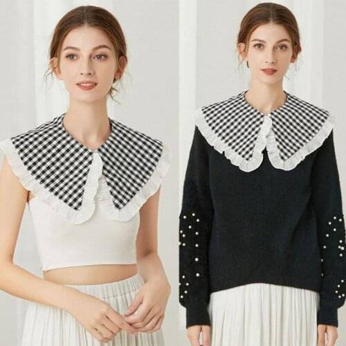 Women Retro Black White Plaid False Collar Shawl Korean Style Student Girls Ruffles Detachable Necklace Capelet Poncho