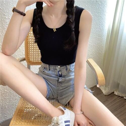 2021 womens new wild solid sexy fashion casual O collar slim bottoming knit outer wear vest sleeveless T-shirt
