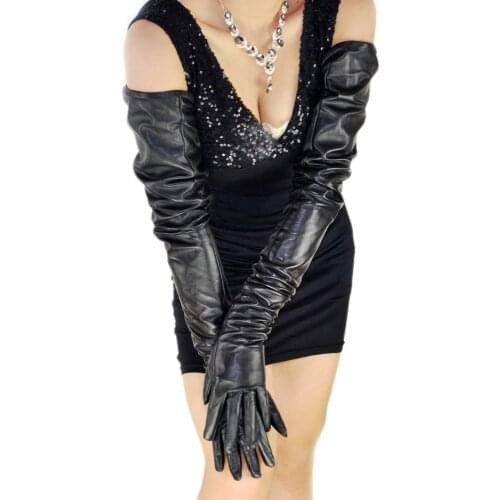 Women fashion 80cm(31.5")long real sheep leather opera long shoulder gloves in balck