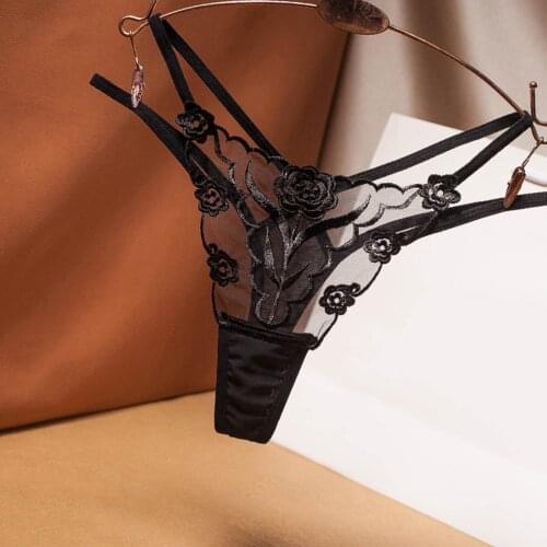 Women Ladies Mesh Embroidery Panties Hollow Transparent Thong Thin European Style H9