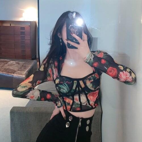 Wenfly Women Harajuku Tops Printing Mesh Square Collar Long Sleeve Skinny Short T-shirt Vintage Korean Streetwear Vogue