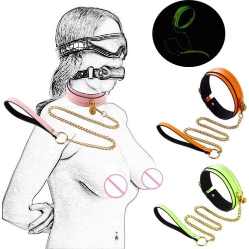 Women Sexy PU Leather Luminous Neck Collar With Chains BDSM Bondage Strap Pup Collar Fetish Dog Roleplay Adult Sex Toys