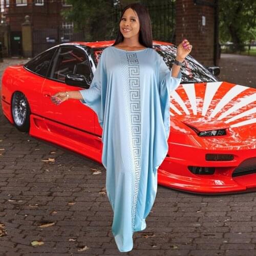 Blue Fashion Boubou Dubai African Dresses For Women Dashiki Round Collar Bat Sleeve Diamonds Long Vestidos Holiday Robe Femme