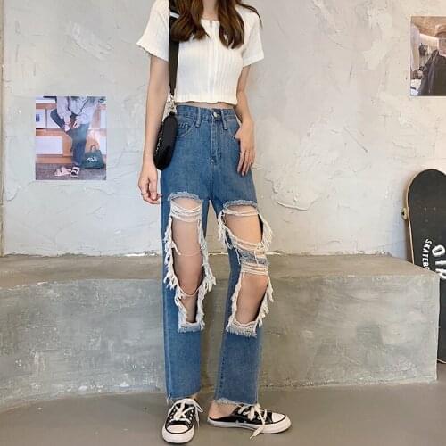 Zoki Plus Size Women Jeans Fashion Hole Tassel High Waist Ankle-Length Denim Pants Straight Legs Blue Loose Tassel Ripped Jean