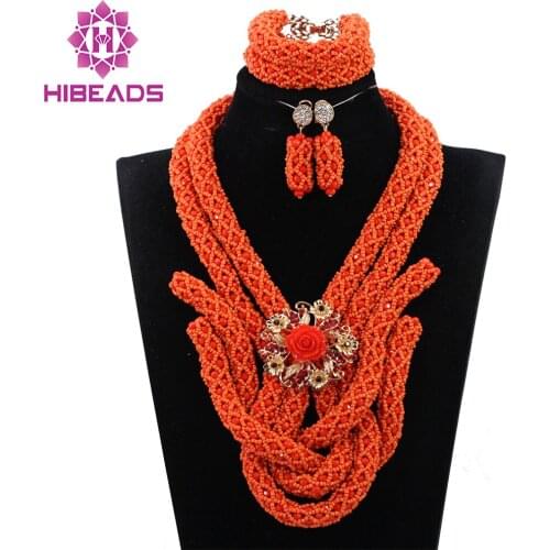 2017 Nigerian Wedding Bib Jewelry Set Exclusive Coral Orange Crystal Bridal Beads Statement Necklace Set Free Shipping ABH313