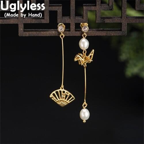 Uglyless Asymmetric Crane Earrings for Women Oriental Aesthetics Fan Long Earrings Gold Brincos 925 Silver Pearls Jewelry Animal