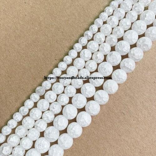 Natural Stone Matte White Snow Cracked Crystal Round Loose Beads 15" 4 6 8 10 12MM Pick Size For Jewelry Making DIY