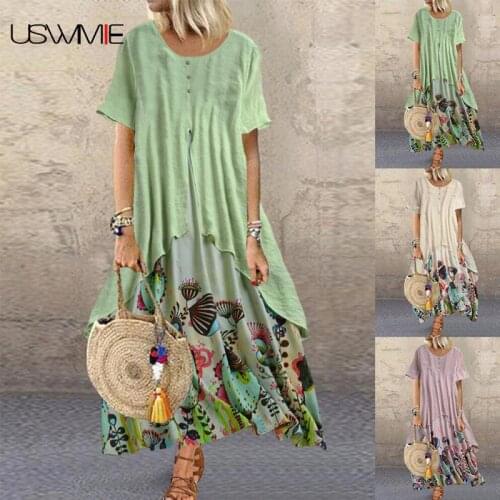Free Shipping Dresses For Women Outwear Round Neck Short Sleeve Fake Two Piece Irregular Hit Color Comfort Long Dress