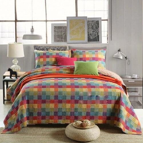 CHAUSUB Bedspread on the Bed Quilt Set 3PC Coverlet Quilted Bed Cover Plaid Rainbow Cotton Quilts Queen Size Double Blanket