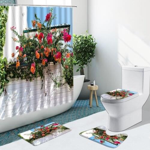 Flower Green Vine Retro Street View Shower Curtain Non-Slip Flannel Rugs Toilet Cover Bath Mats Bathroom Set Floor Mat Decor