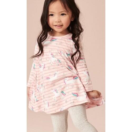 Kids Girls Long Sleeve Striped Unicorn Dress Cartoon Little Pony Baby Dress Cotton Spring Breathable Medium Children Girl Dress