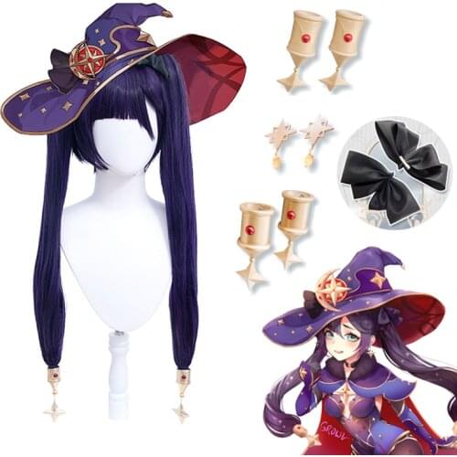 Genshin Impact Mona Cosplay Long Wigs Hair Cosplay Costume Accessories Earrings Hairband Props Full Set Anime Shows