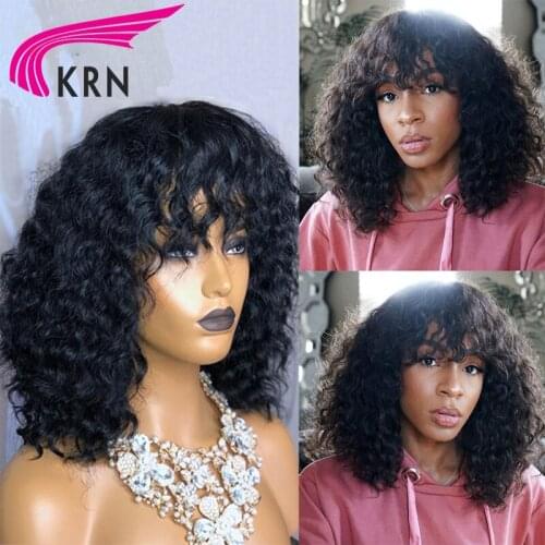 Jerry Curly Wig With Bangs Full Machine Made Wig 180 Density Remy Burgundy Brazilian Short Bob Curly Human Hair Wigs For Women