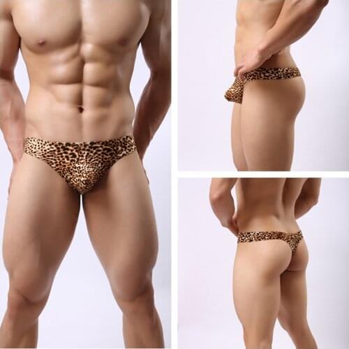 M~3XL Sexy Light Soft Breathable Mens Leopard Print T Shaped Underwear Male Bikini Briefs Man Thongs And G Strings
